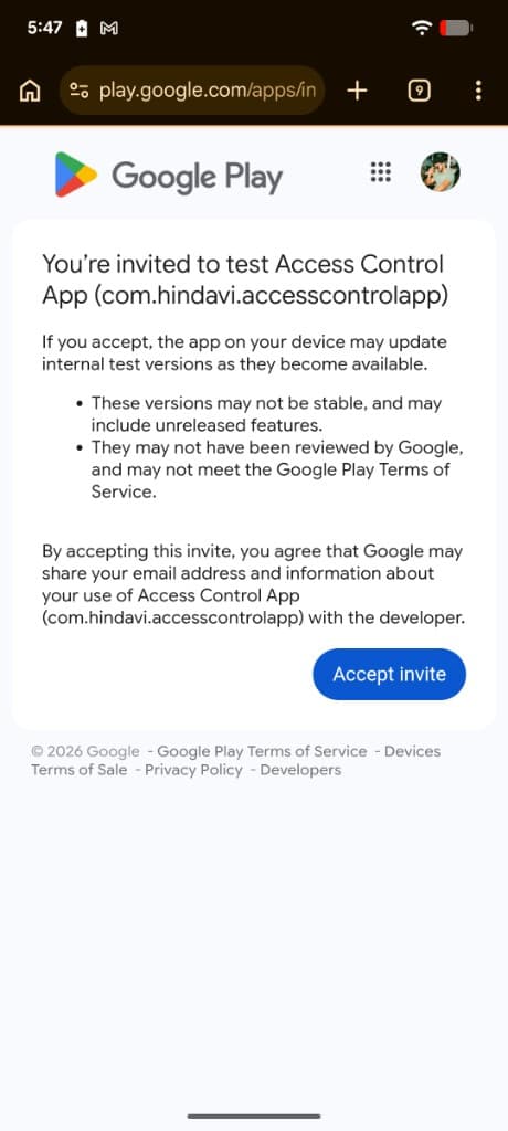 Google Play Accept invite for Access Control App