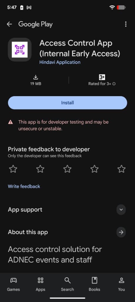 Google Play Access Control App listing with Install button