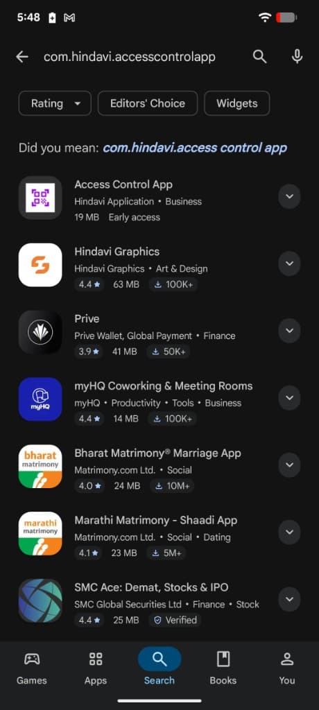 Play Store search results for com.hindavi.accesscontrolapp showing Access Control App