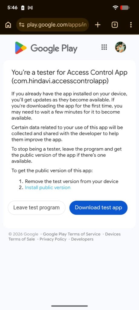 Google Play You’re a tester confirmation for Access Control App